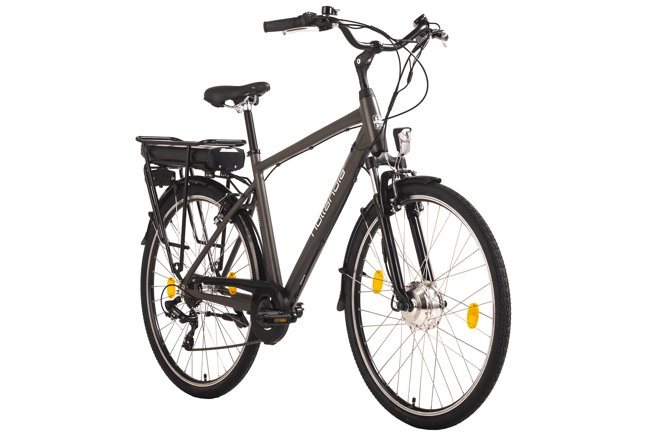Ein graues Elektrofahrrad mit schwarzem Sitz, Reifen und Lenker. Der Hintergrund ist weiß.