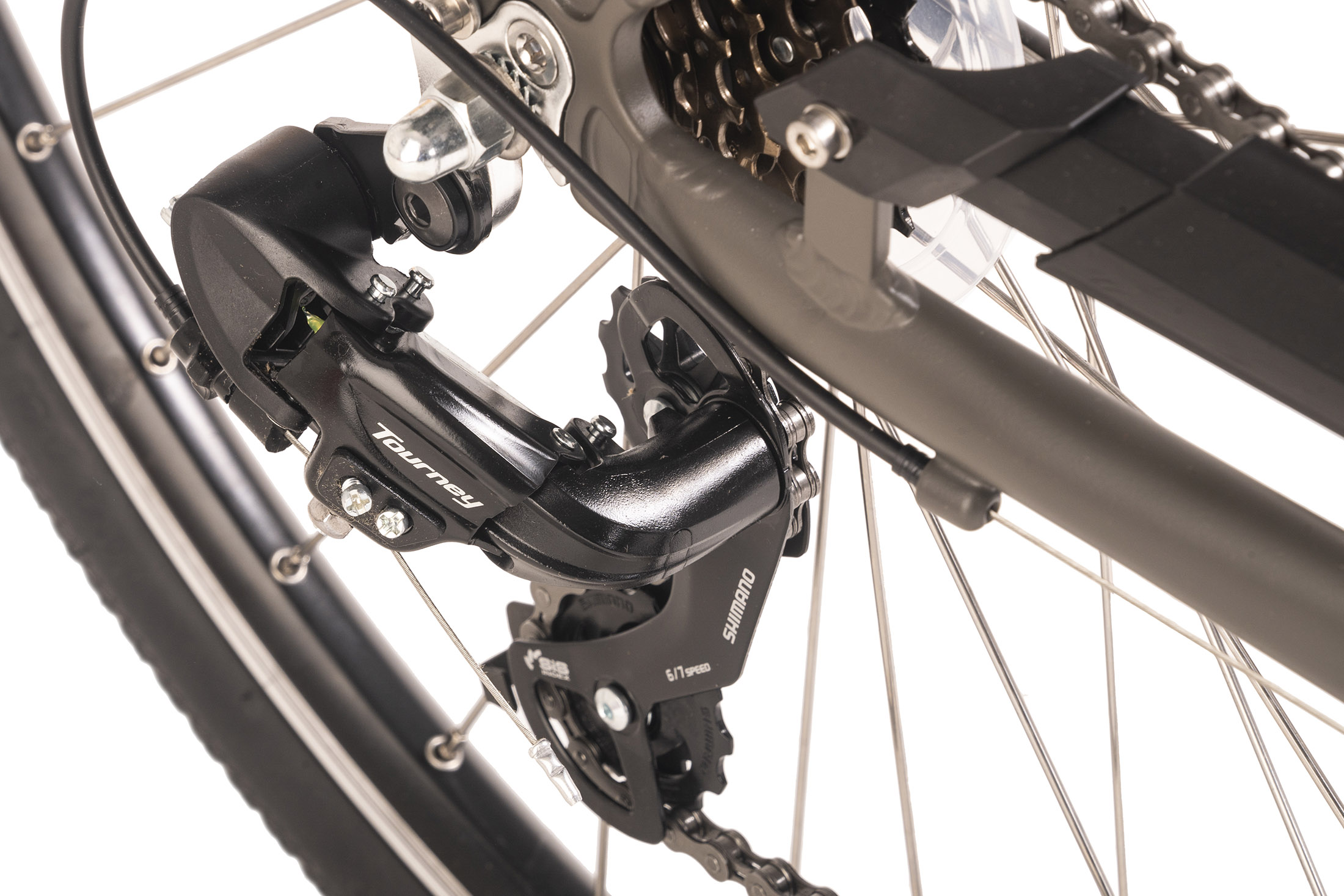 Nahaufnahme eines Fahrradschaltwerks. Der Rahmen ist grau, die Komponenten sind schwarz und silber.