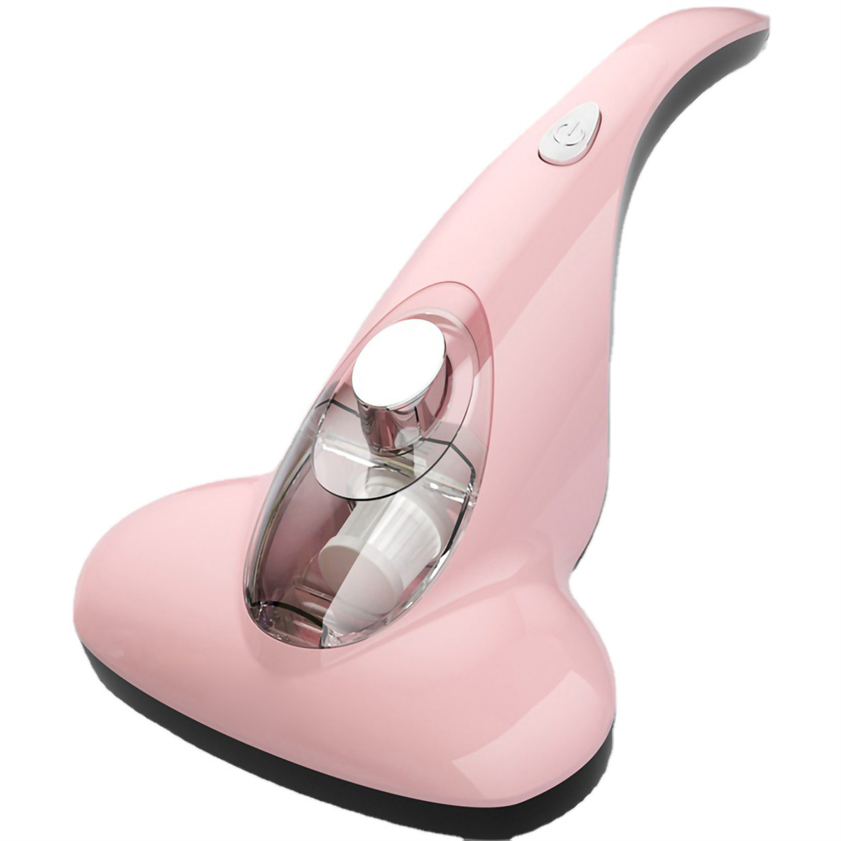 Rosa Handstaubsauger mit transparentem Staubbehälter. Er hat einen gebogenen Griff und einen weißen Knopf.
