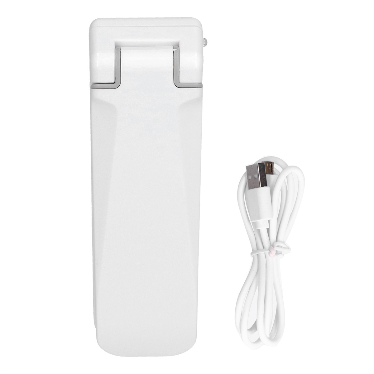 Weißes Kunststoff-Lebensmittelversiegelungsgerät mit weißem USB-Kabel. Das Siegel ist zusammengeklappt.