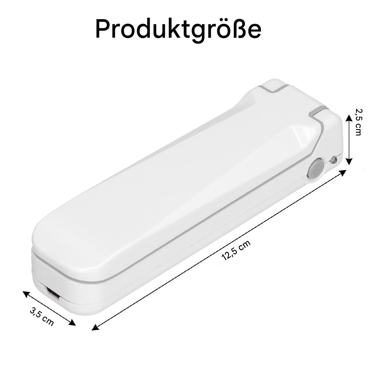 Ein weißes Gerät mit den Maßen: 12,5 cm Länge, 3,5 cm Breite, 2,5 cm Höhe.