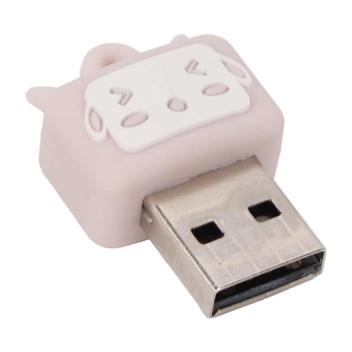 Ein USB-Stick in Form einer hellrosa Kuh. Es ist auf weißem Hintergrund.