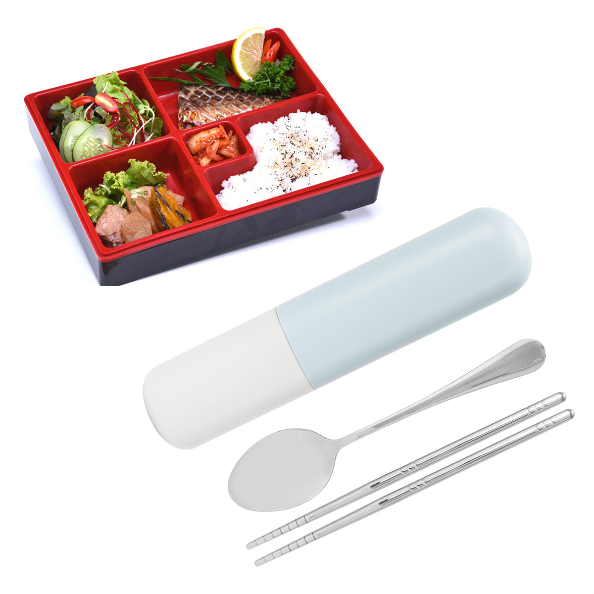 Bento-Box mit Essen und Besteck. Die Bento-Box hat verschiedene Fächer. Weißer Hintergrund.