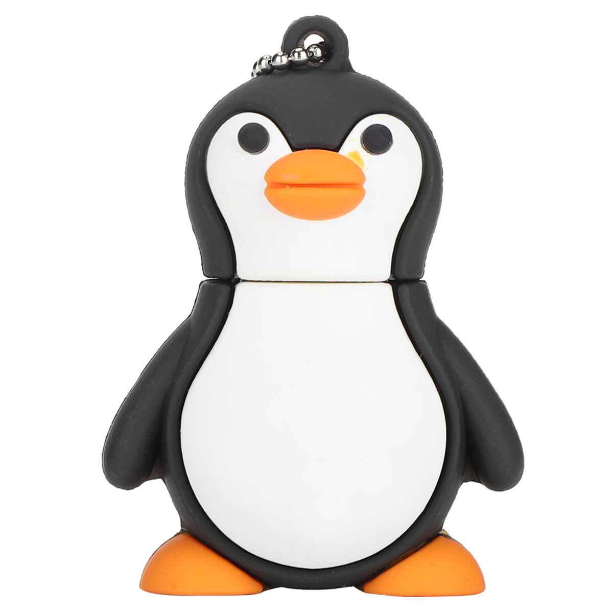 Pinguin-förmiger USB-Stick, schwarz-weiß mit orangefarbenem Schnabel und Füßen.