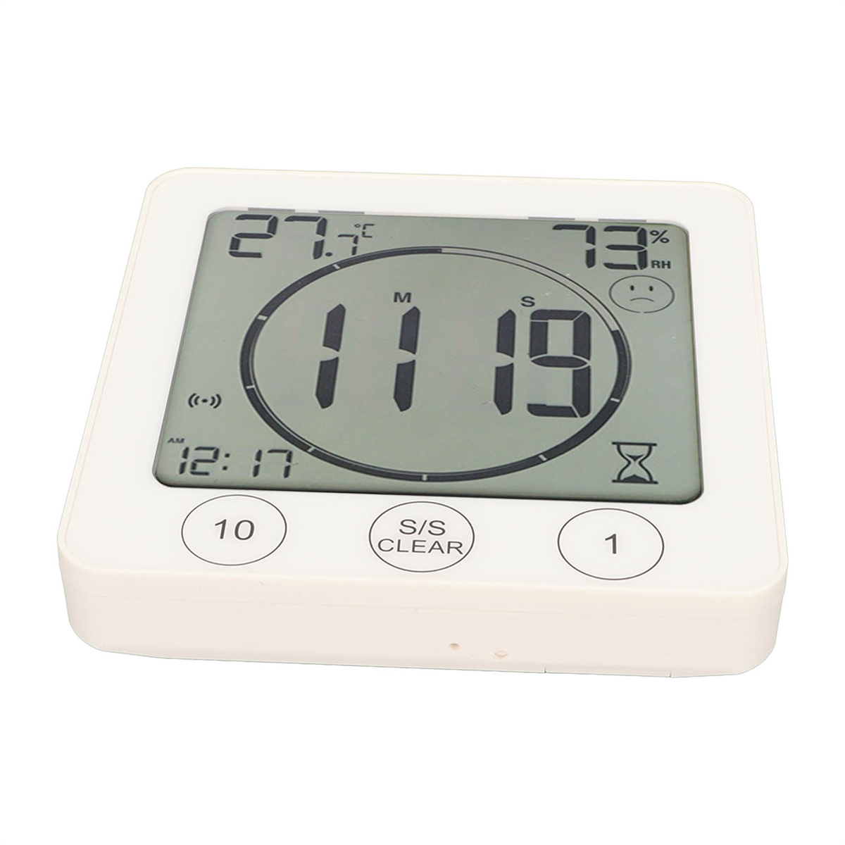 Eine Digitaluhr mit Zeit, Temperatur und Luftfeuchtigkeit auf weißem Hintergrund.