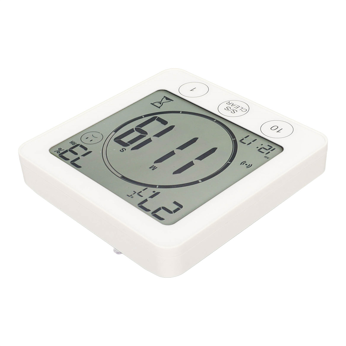Weißer digitaler Timer mit Anzeige von Zeit und Temperatur.