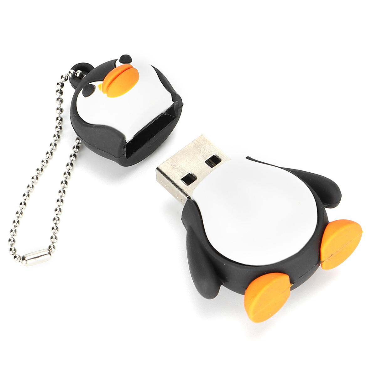 Ein pinguinförmiger USB-Stick, weiß und schwarz, mit orangefarbenem Schnabel und Füßen.