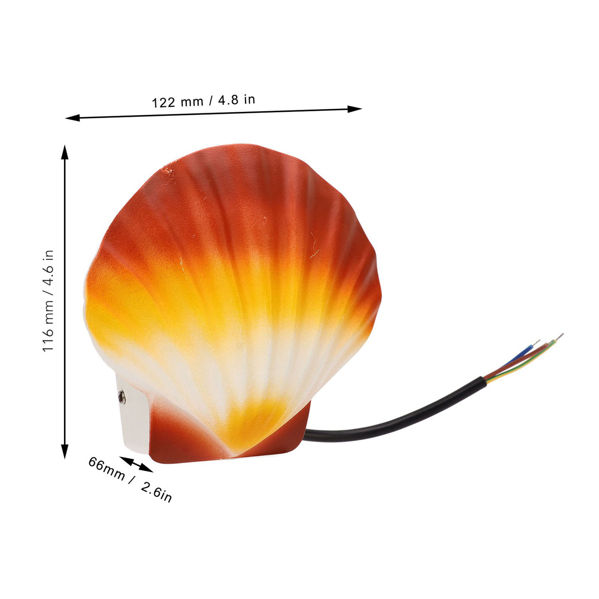 Muschelförmige Lampe mit Maßen. Weißer Sockel, orange/gelbe Oberseite, schwarzes Kabel.