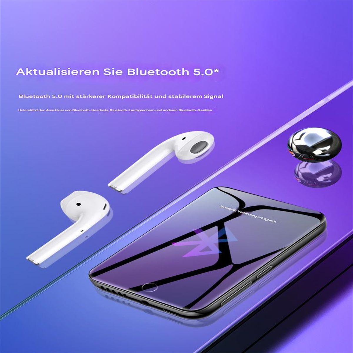 Weiße kabellose Ohrhörer und ein Telefon auf lila Oberfläche. Text bezieht sich auf Bluetooth 5.0.
