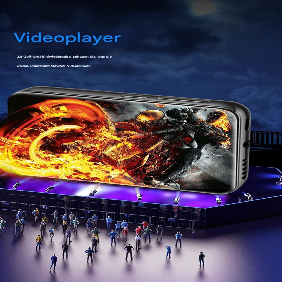 Ein Smartphone mit flammender Grafik auf dem Bildschirm, umgeben von kleinen Figuren und einer Bühne, zeigt ein Video.