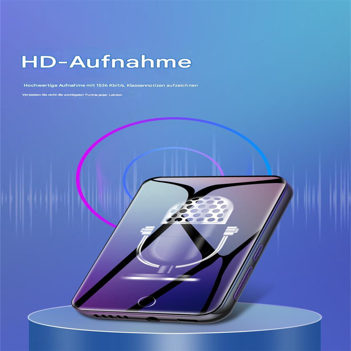 Schwarzes Gerät mit Mikrofon-Grafik, blau-lila Hintergrund. Text 'HD-Aufnahme'.