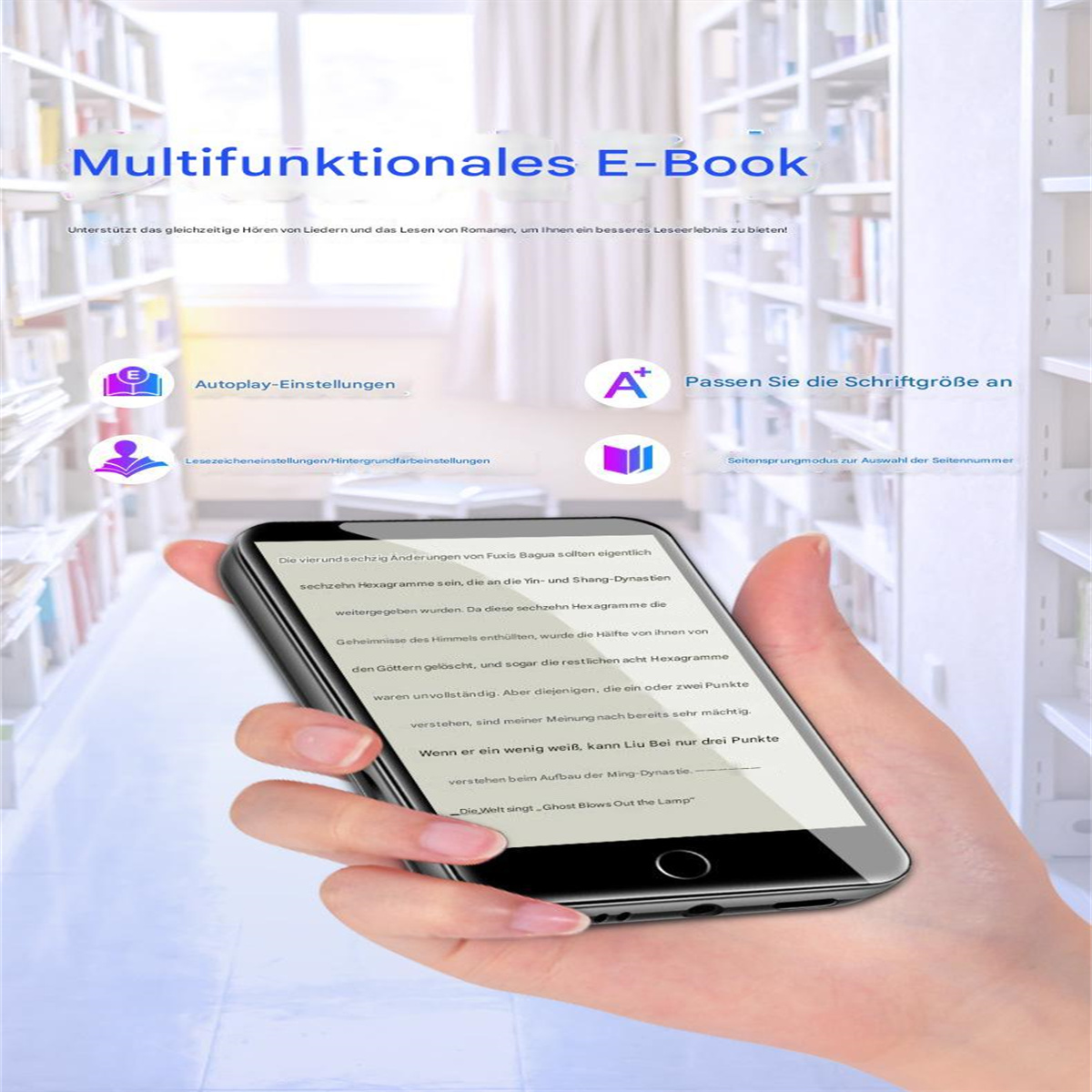 Person hält einen schwarzen E-Book-Reader, geöffnet für Text, umgeben von Büchern.