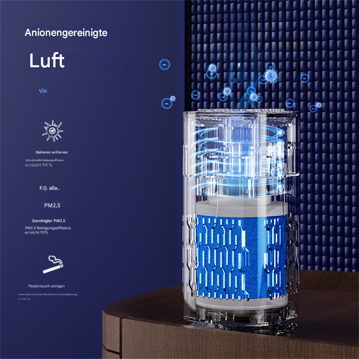 Luftreiniger mit Text und Diagrammen. Blaue und weiße Farben. Dunkle Holzoberfläche.