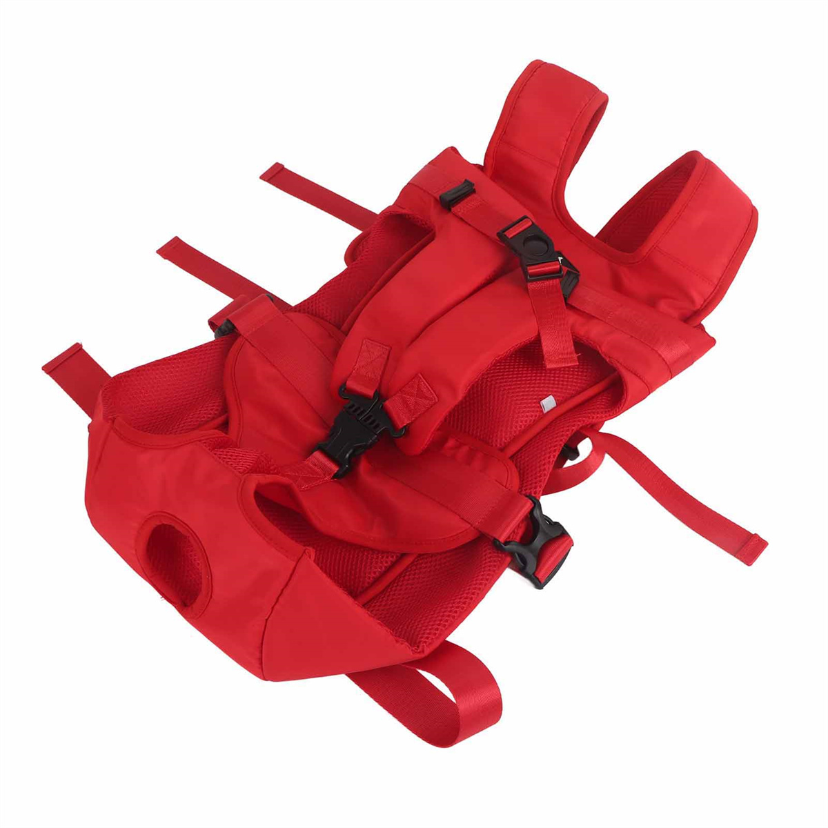 Rote Babytrage mit Gurten und Schnallen. Sie hat einen Sitzbereich und eine Kopfstütze, alles rot.