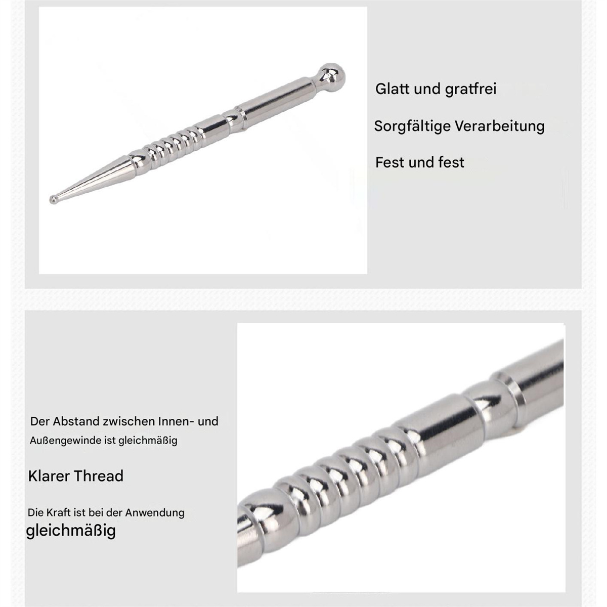 Silberner Akupunkturstift. Nahaufnahme der Spitze und eines Teils des geriffelten Griffs.
