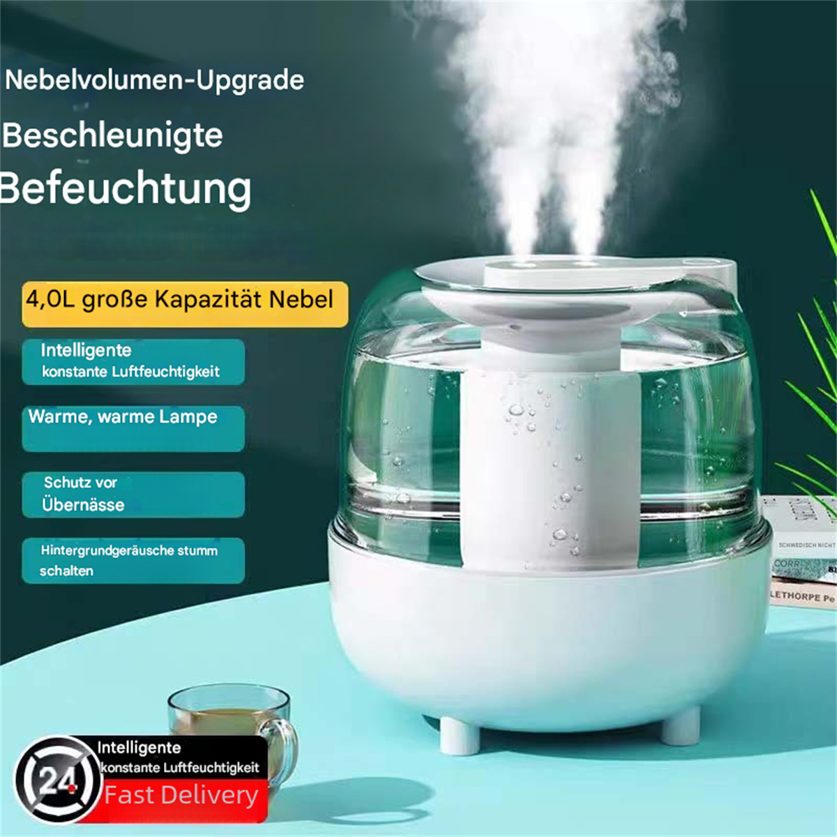 Weißer Luftbefeuchter mit Wassertank, Dampf und Text auf Deutsch.