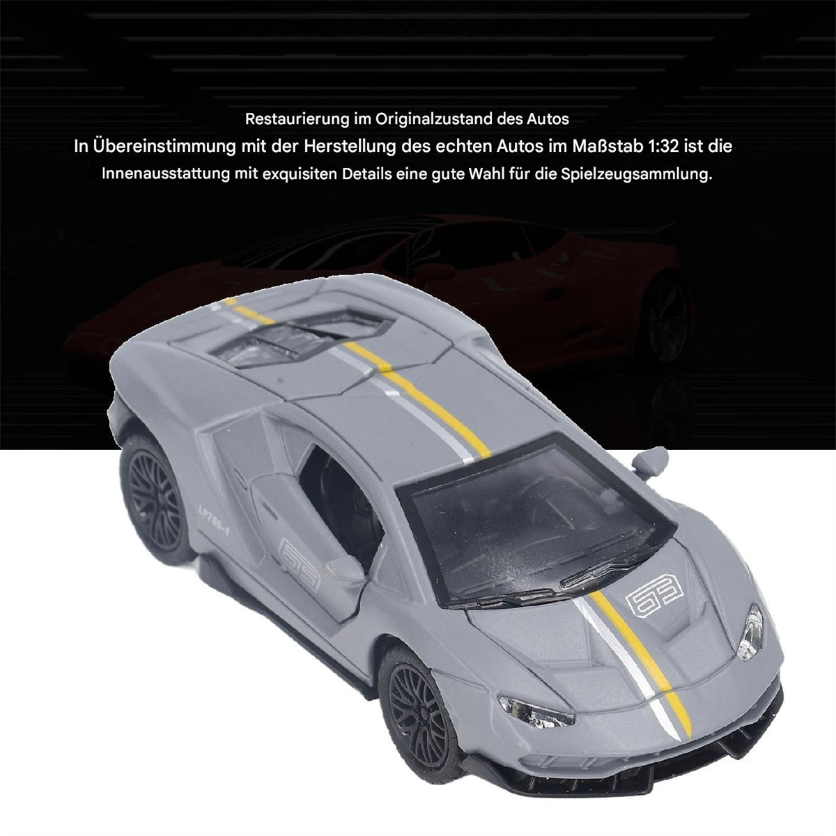 Ein graues Spielzeugauto mit gelben Streifen. Das Auto steht auf schwarzem Hintergrund. Text beschreibt den Originalzustand.