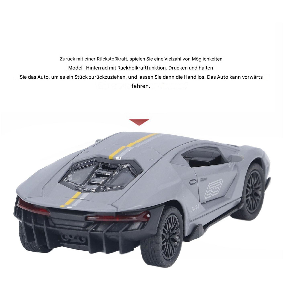 Graues Spielzeugauto, Rückansicht. Gelber Streifen oben. Text auf Deutsch oben.
