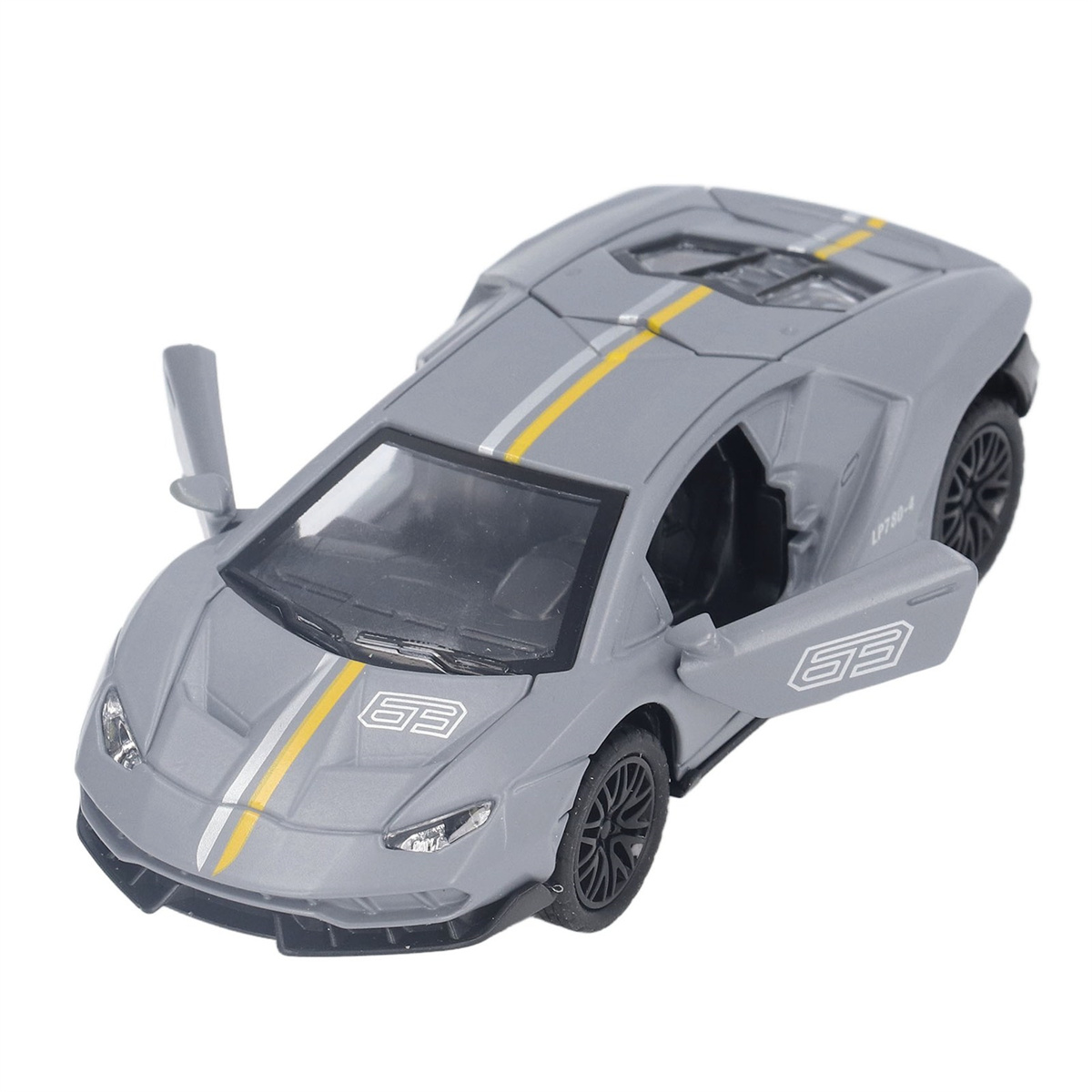 Ein graues Spielzeugauto mit geöffneten Türen. Das Auto hat gelbe und weiße Streifen und die Nummer 63.