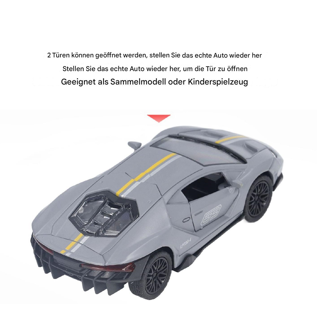 Graues Spielzeugauto mit gelbem Streifen, schwarzen Rädern und dem Text 'LP730-4' an der Seite.