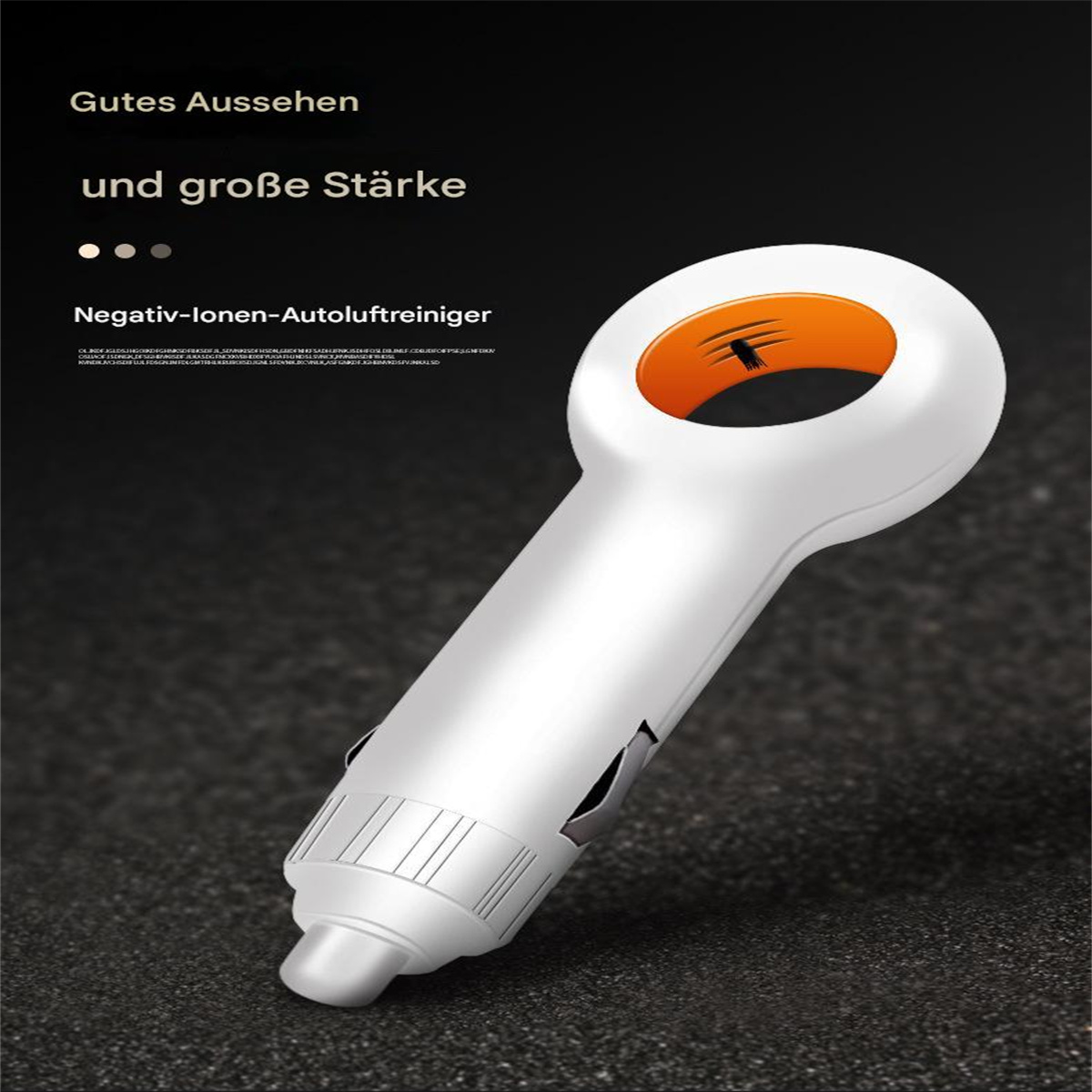 Weißer Auto-Luftreiniger mit orangefarbenem Innenraum. Der Text auf Deutsch lautet „Gutes Aussehen...“