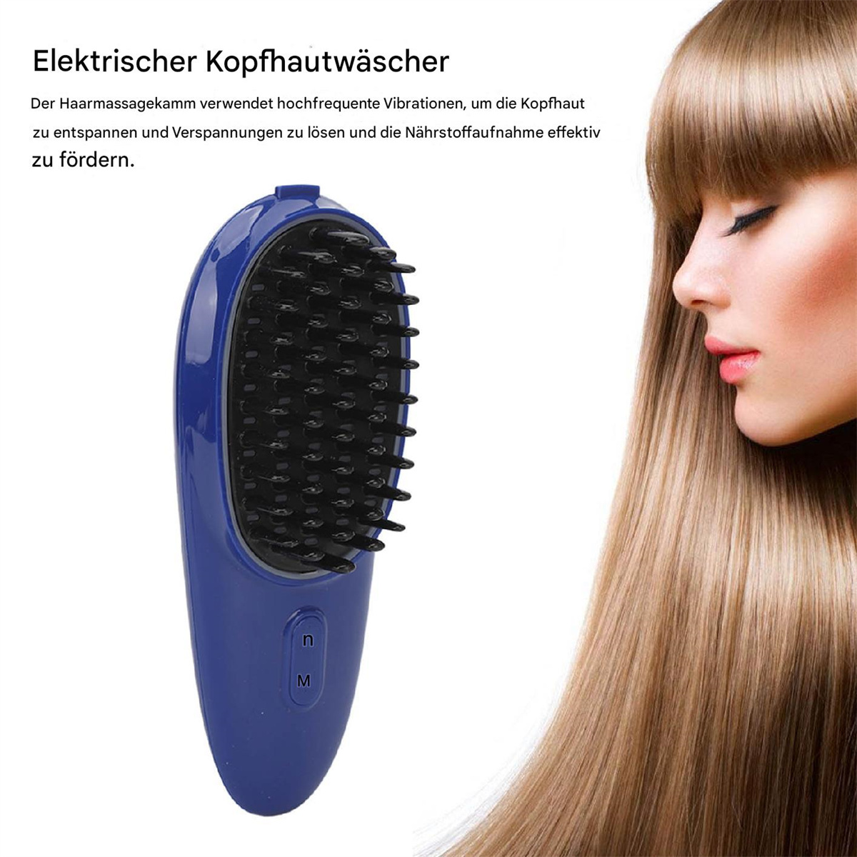 Ein blauer Kopfmassagegerät neben einer Frau mit langen blonden Haaren, Text auf Deutsch.