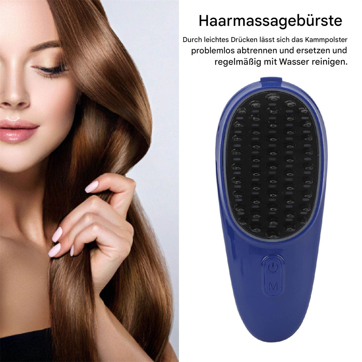 Eine Frau hält ihr Haar neben einem blauen Haarmassagegerät. Text erklärt die Funktion auf Deutsch.