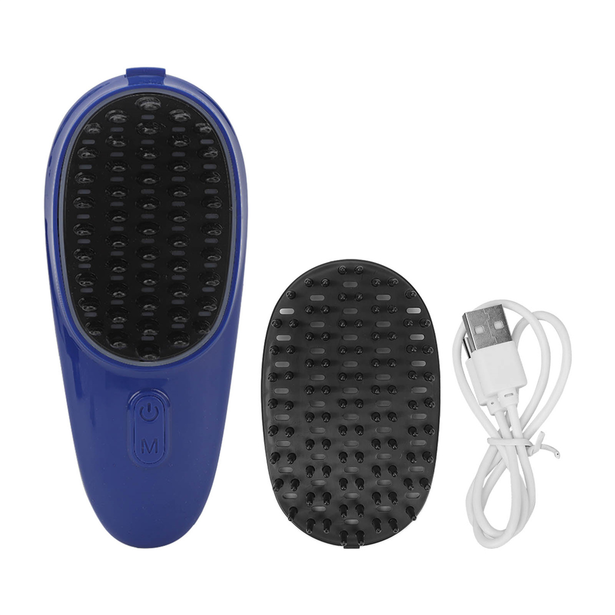 Eine blaue, handliche Haarbürste mit schwarzen Borsten, eine Ersatzbürste und ein weißes USB-Kabel.