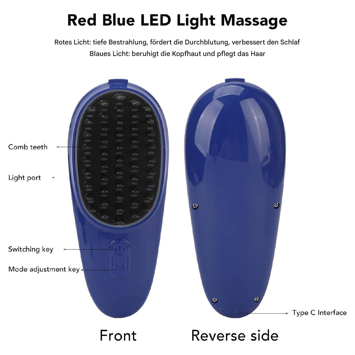 Blaues Haarkammgerät, Vorder- und Rückansicht, mit Beschreibung der roten und blauen LED.