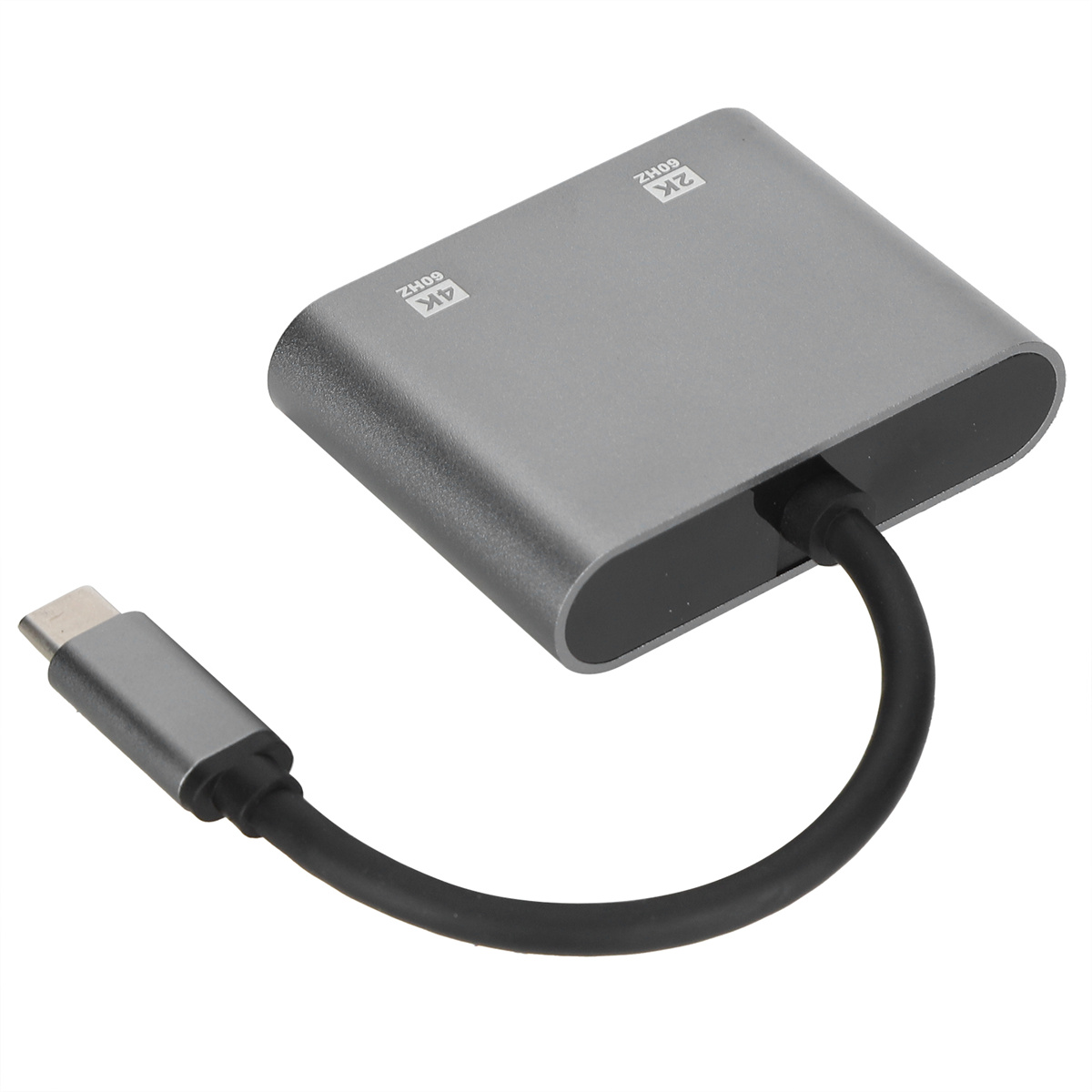 Silberner USB-C-Hub. Schwarzes Kabel verbindet sich mit grauem Rechteck. Text "4K 60Hz".