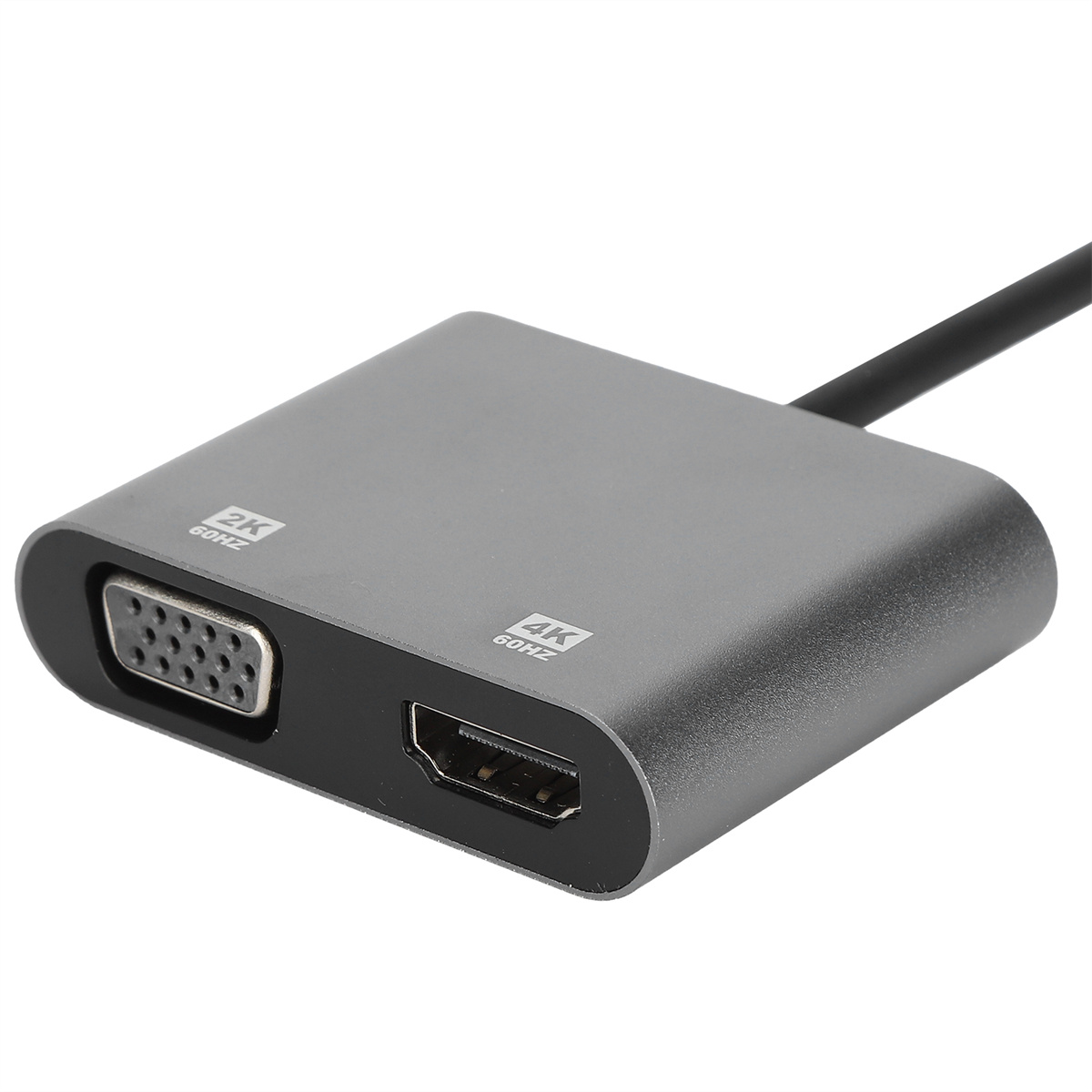 Grauer Adapter mit HDMI- und VGA-Anschlüssen, mit schwarzem Kabel, auf weißem Hintergrund.