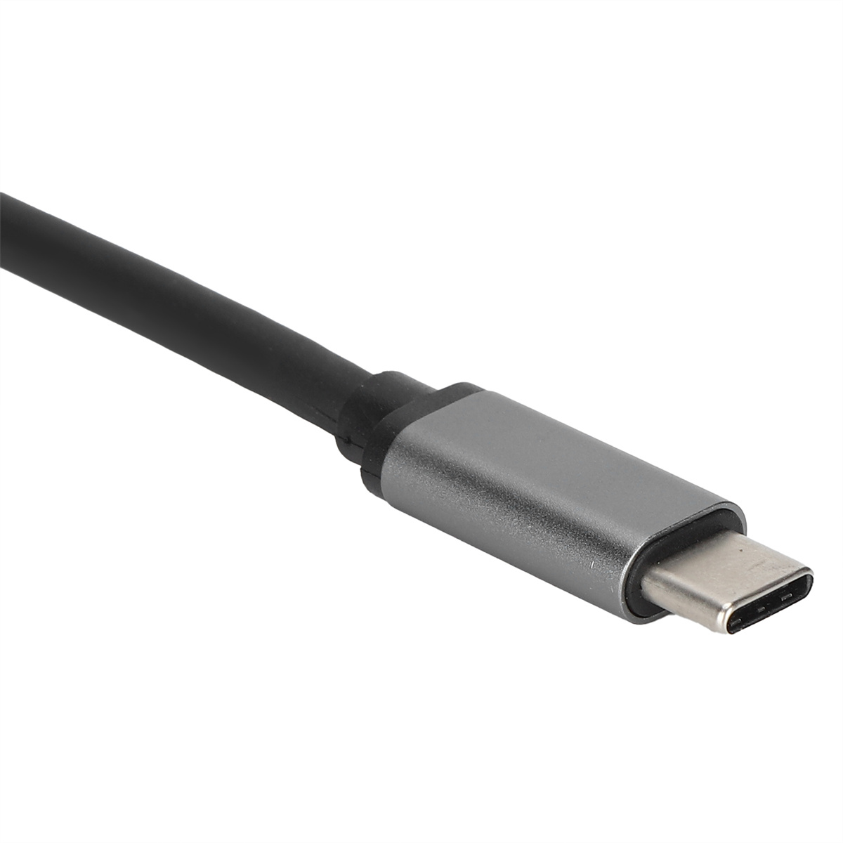 Nahaufnahme eines USB-C-Kabels mit einem grauen Stecker und einem schwarzen Kabel.