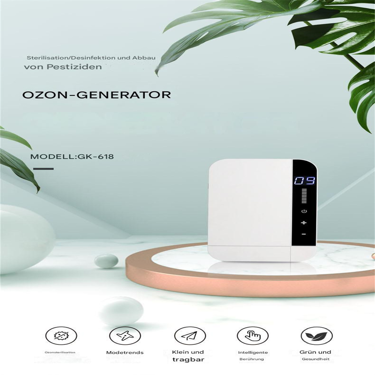 Weißer Ozongenerator mit Digitalanzeige, positioniert auf Marmoroberfläche.