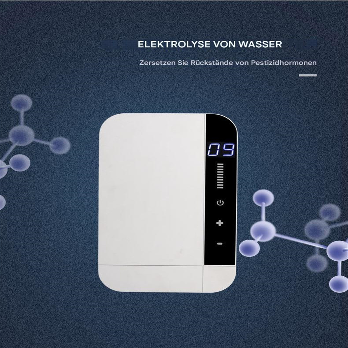 Weißes Gerät mit schwarzem Bildschirm und Text. Text auf dem Bild. Blauer Hintergrund mit Kugeln.