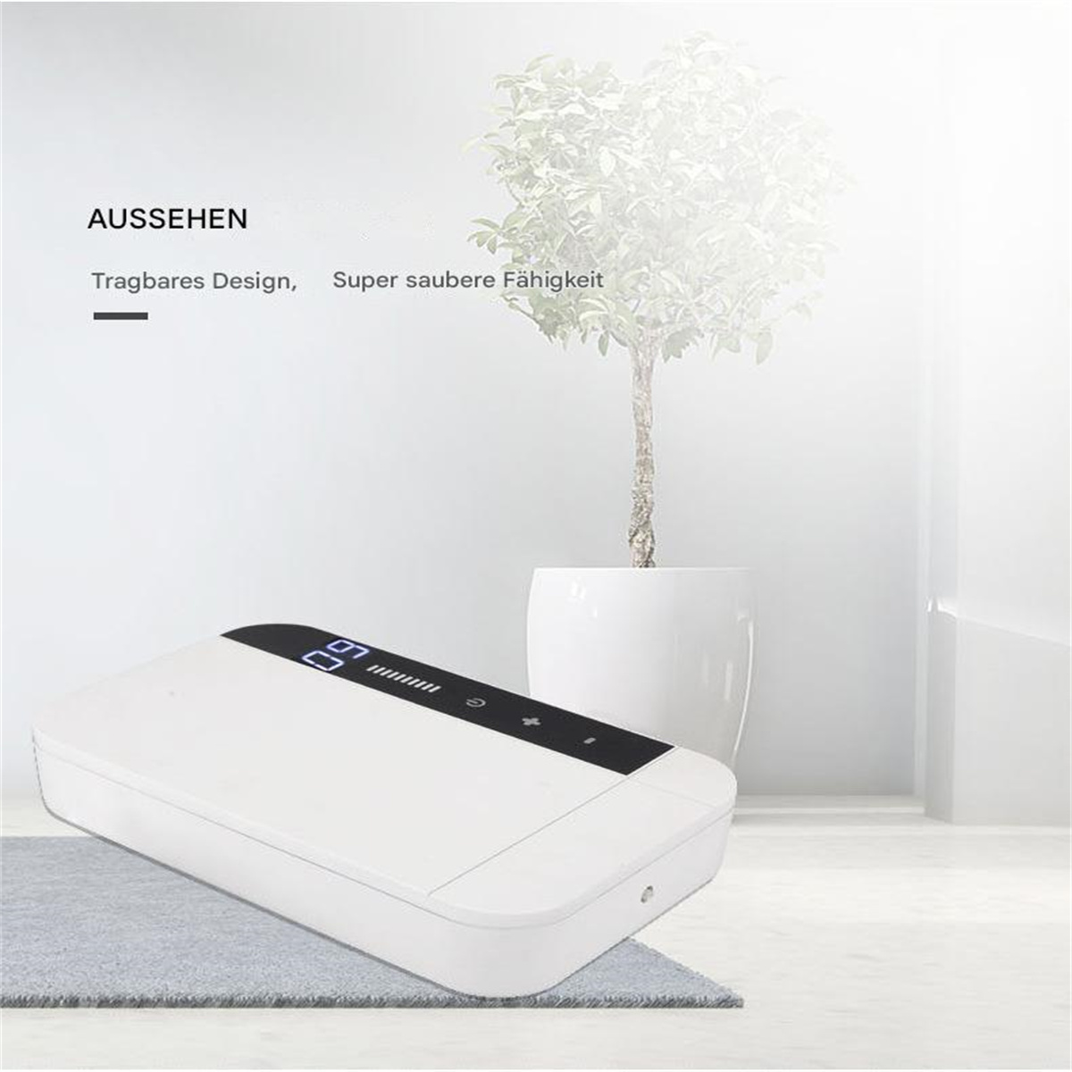Weißes rechteckiges Gerät mit Digitalanzeige. Text: Tragbares Design, super saubere Fähigkeit.