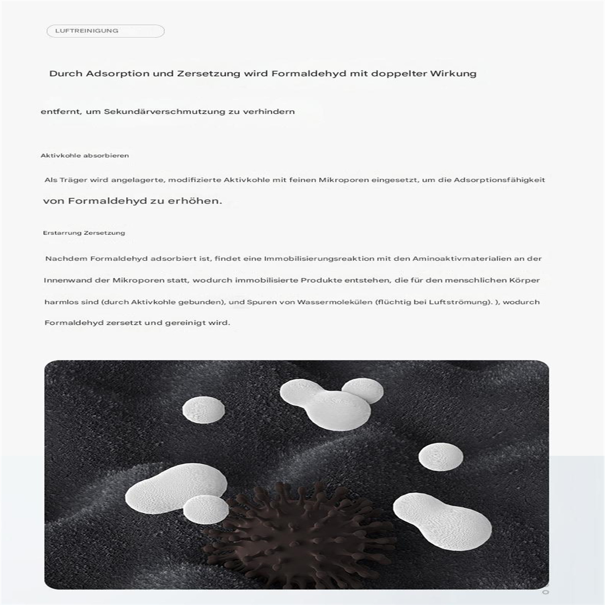Weißer Hintergrund mit Text zur Luftreinigung. Er zeigt weiße, schwebende Formen und eine dunkle Kugel.