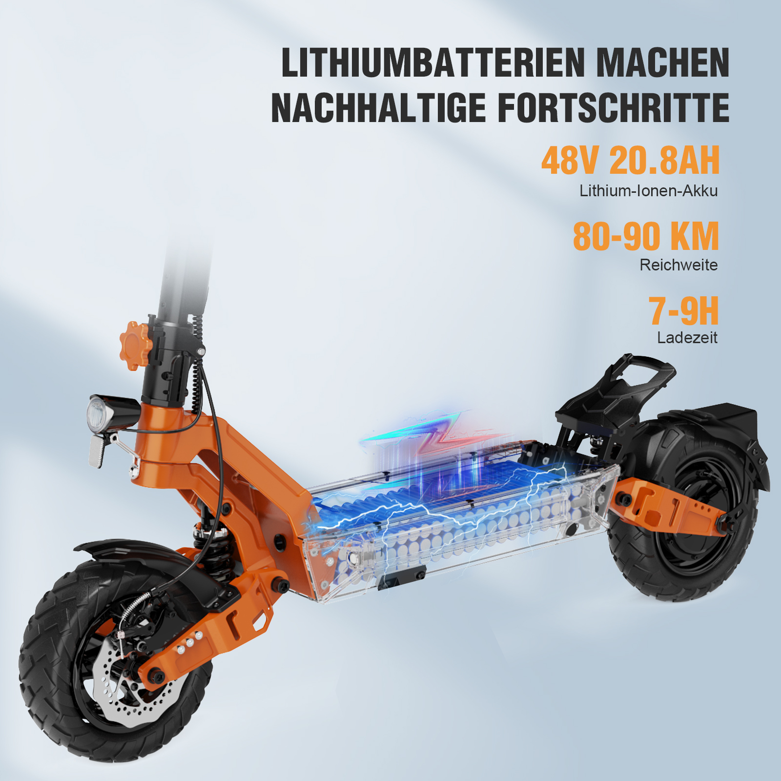 Un monopattino elettrico arancione con dati tecnici: batteria 48V 20.8AH, autonomia 80-90 km e tempo di ricarica 7-9H.
