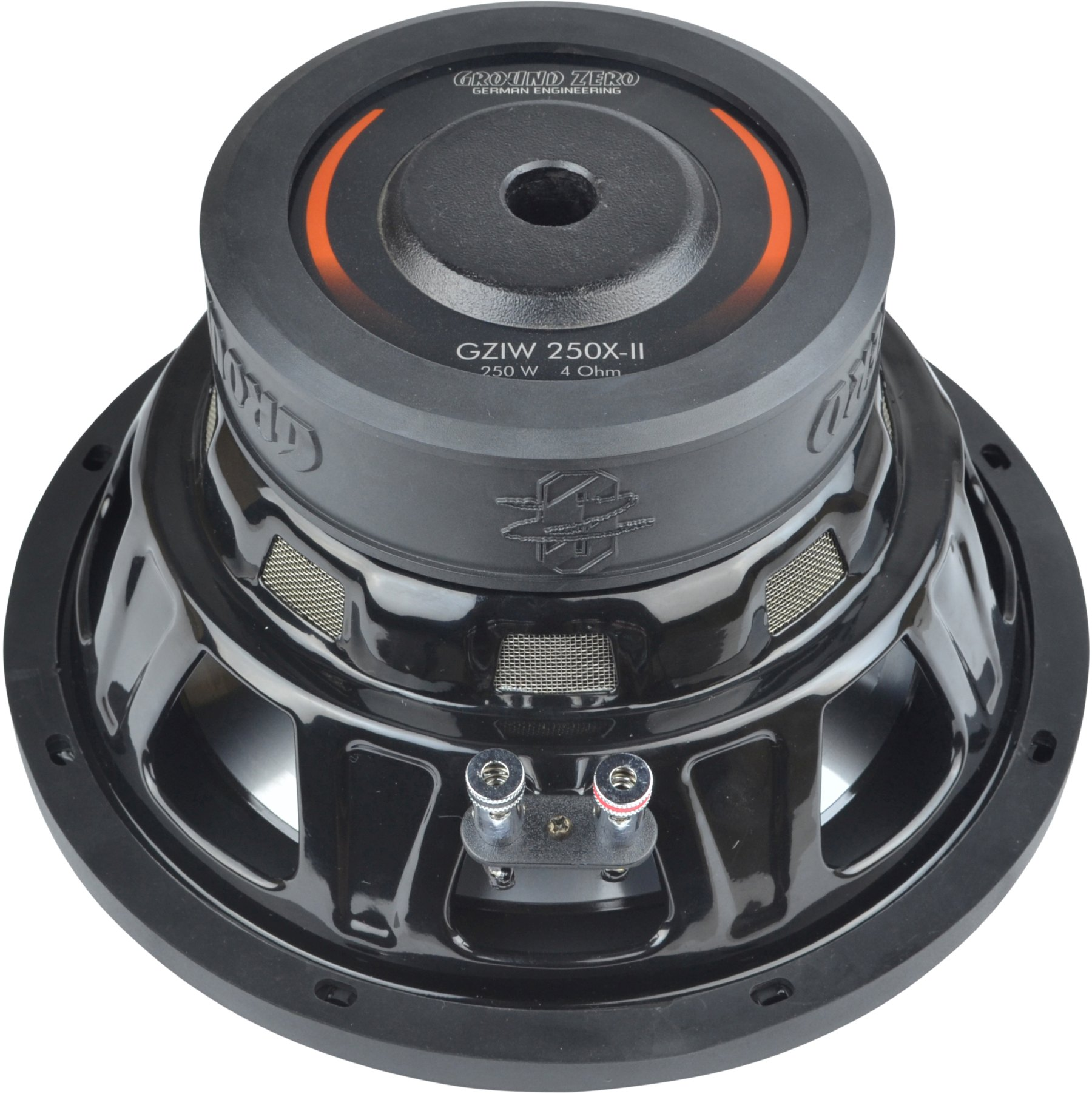 Schwarzer Subwoofer-Lautsprecher mit Ground Zero-Logo. Er hat ein Metallgitter und ein Loch in der Mitte.