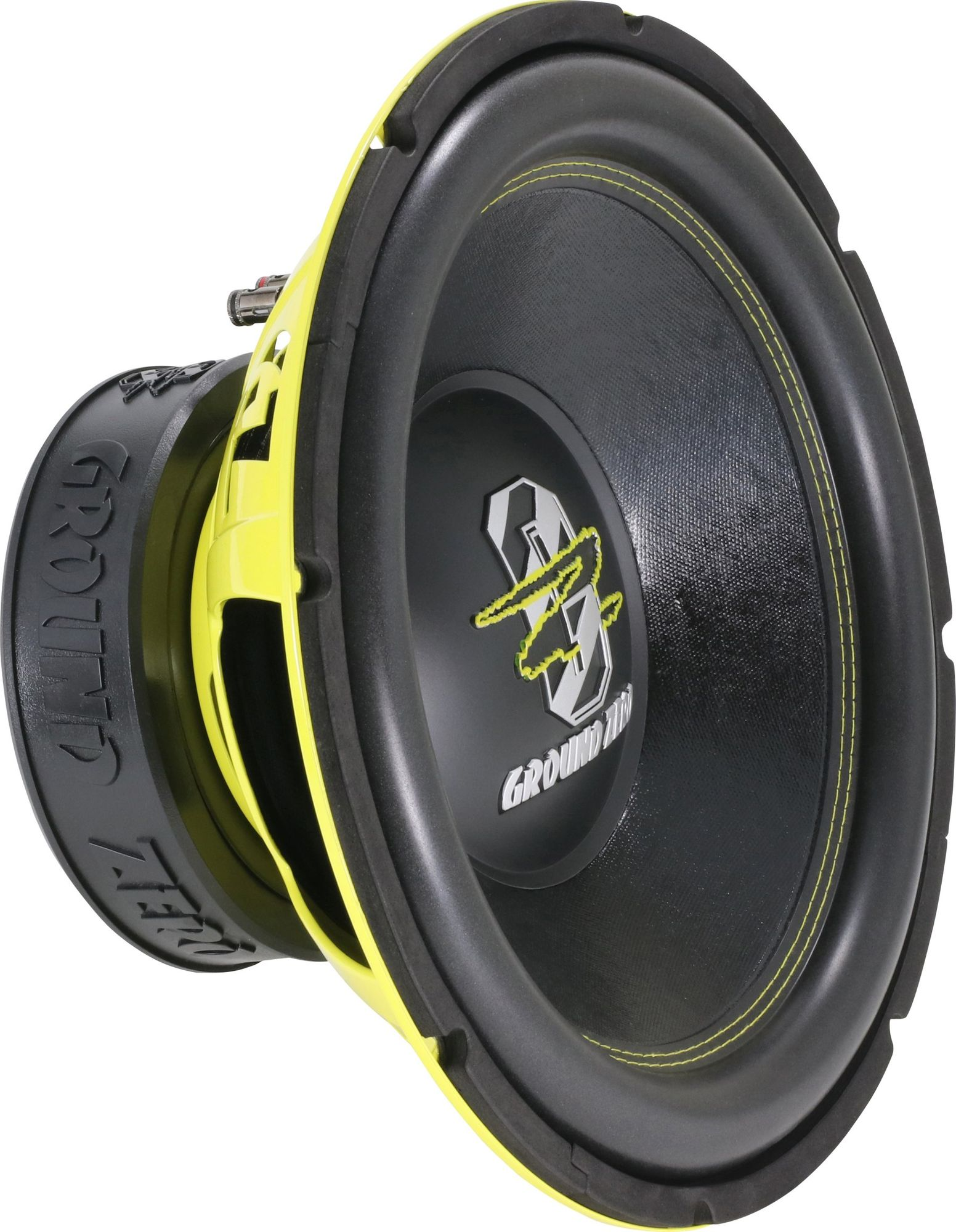 Ein gelber und schwarzer Subwoofer mit dem Ground Zero Logo.
