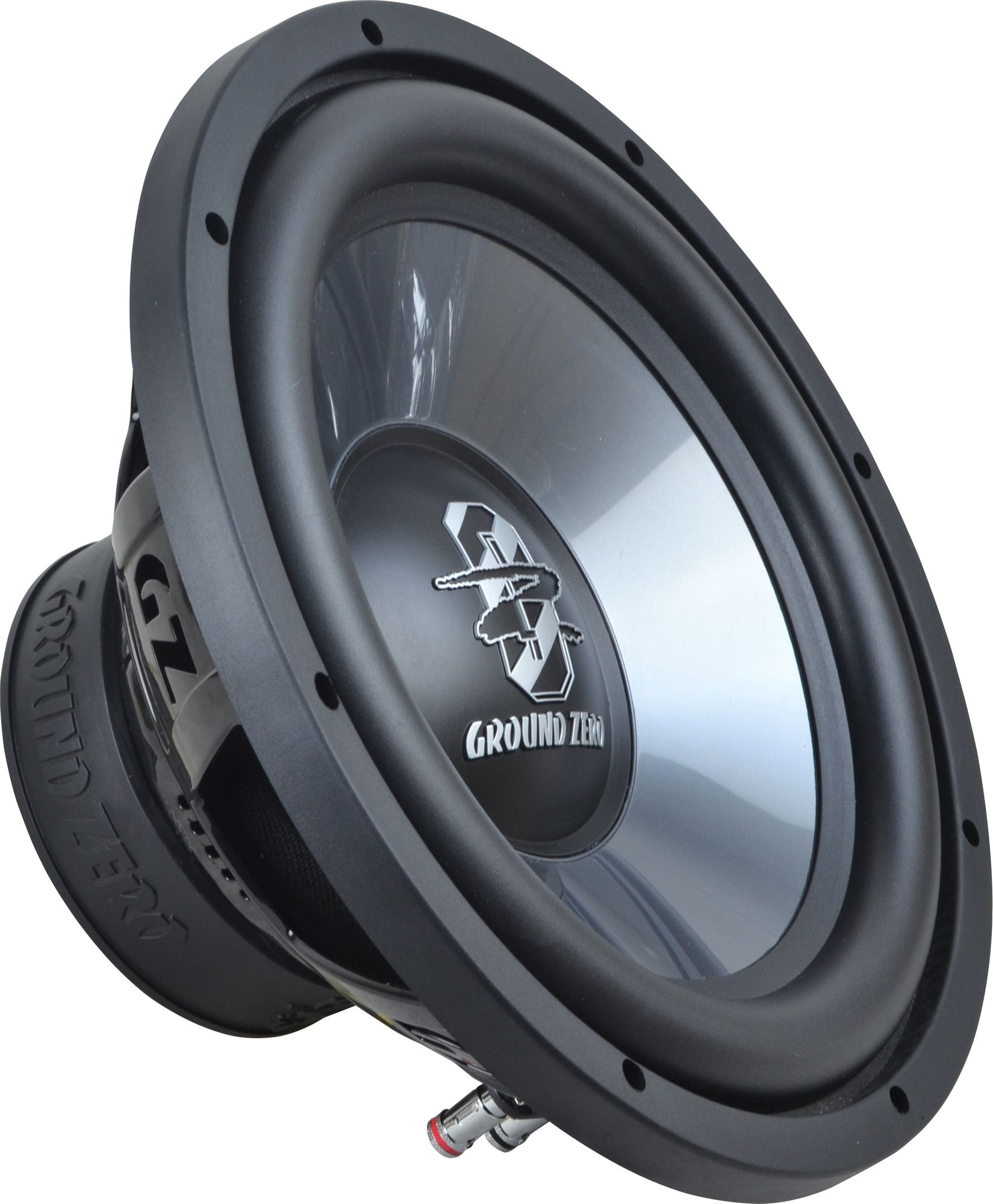 Schwarzer Subwoofer, Ground Zero Logo, Winkelansicht. Schwarze Gummisicke, silberner Konus.
