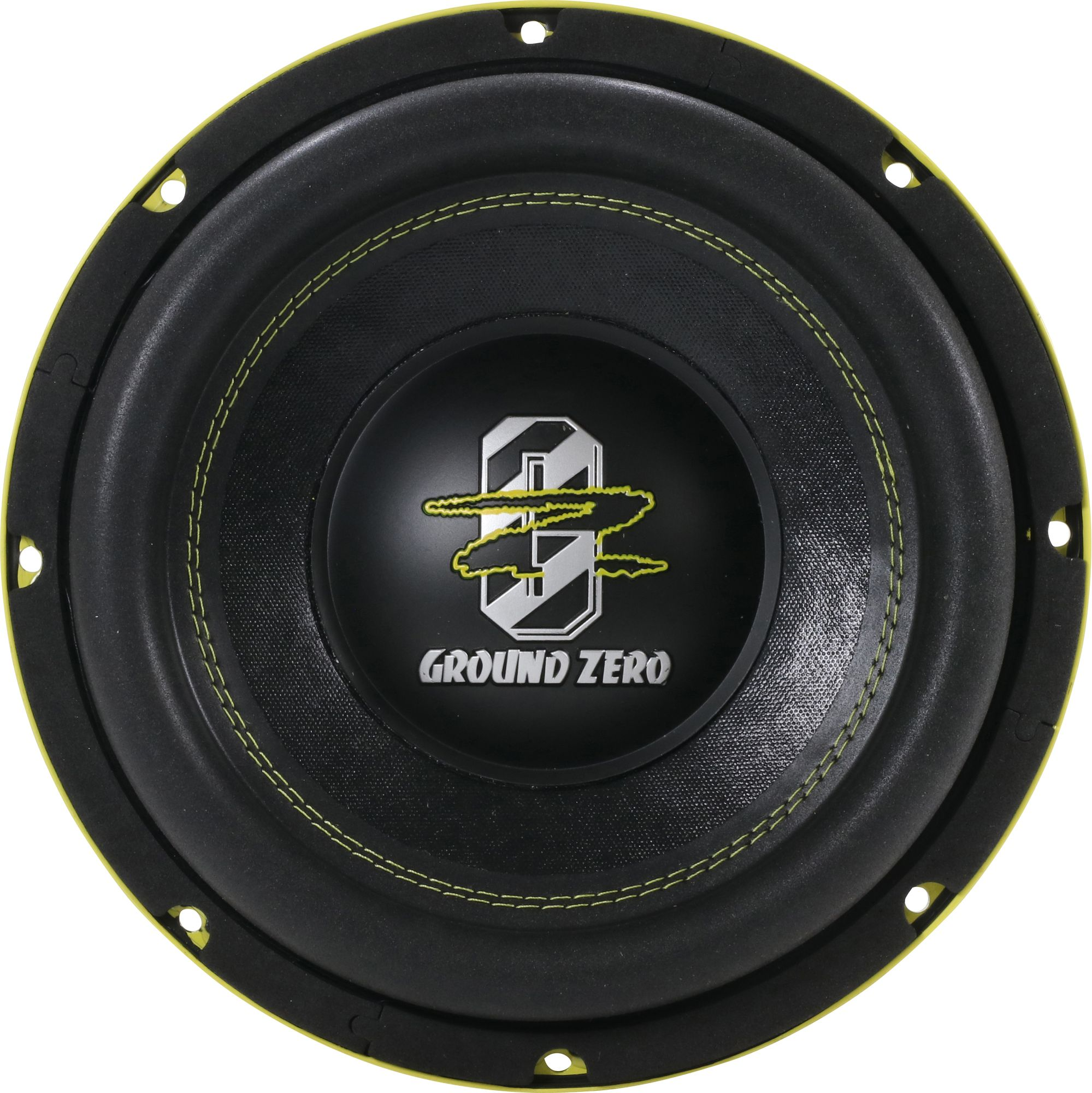 Ein schwarzer Subwoofer-Lautsprecher mit einem gelben Ring am Rand. Die Marke ist „GROUND ZERO“. Der Lautsprecher ist schwarz.