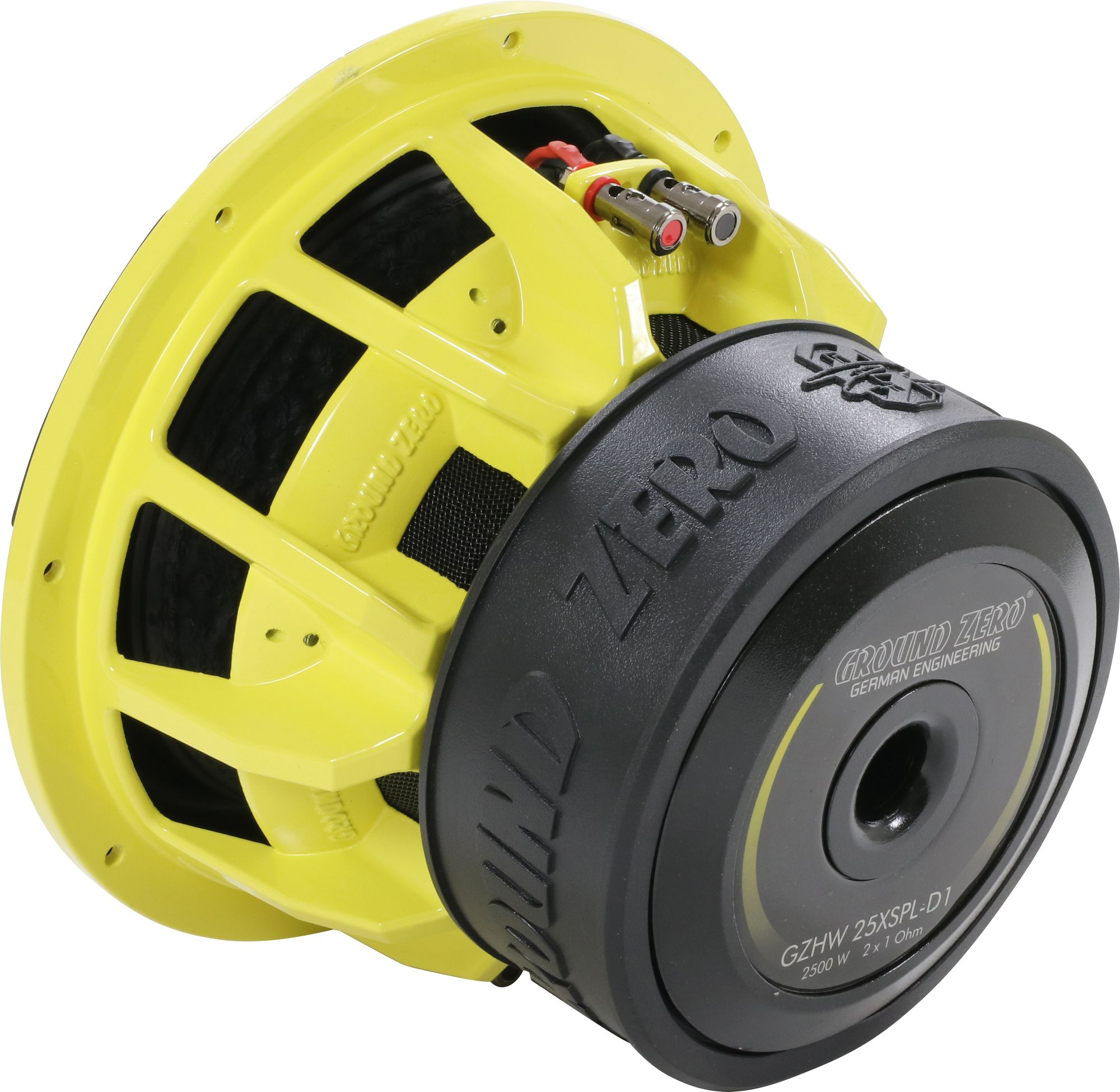 Gelb-schwarzer Subwoofer-Lautsprecher der Marke Ground Zero. Der Lautsprecher ist freigestellt.