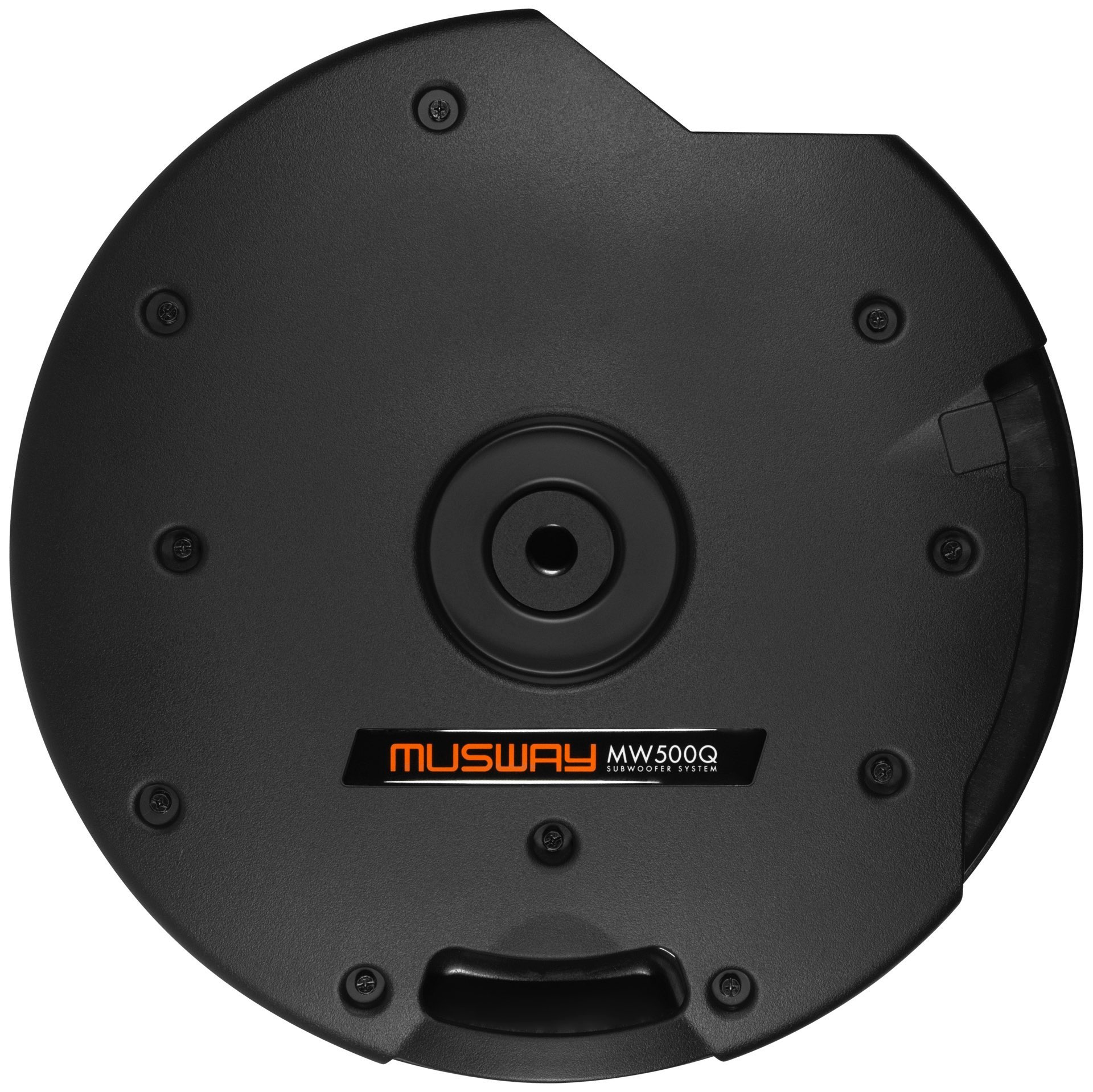 Schwarzer Subwoofer-Rückseite mit orangefarbenem 'MUSWAY MW500Q'-Etikett. Schraubenlöcher sichtbar.
