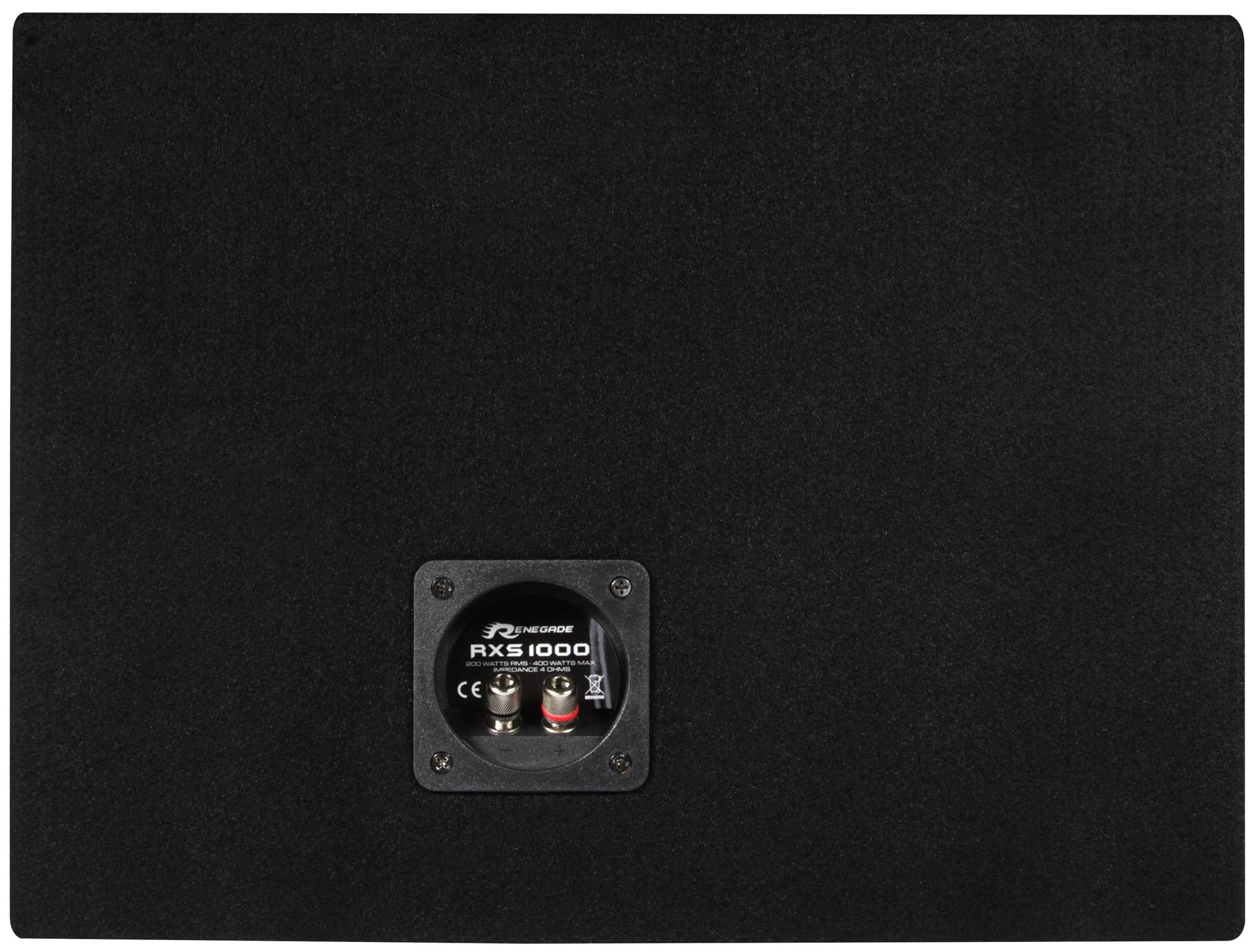 Schwarze Lautsprecherbox mit Anschlussfeld. Schwarze Oberfläche.