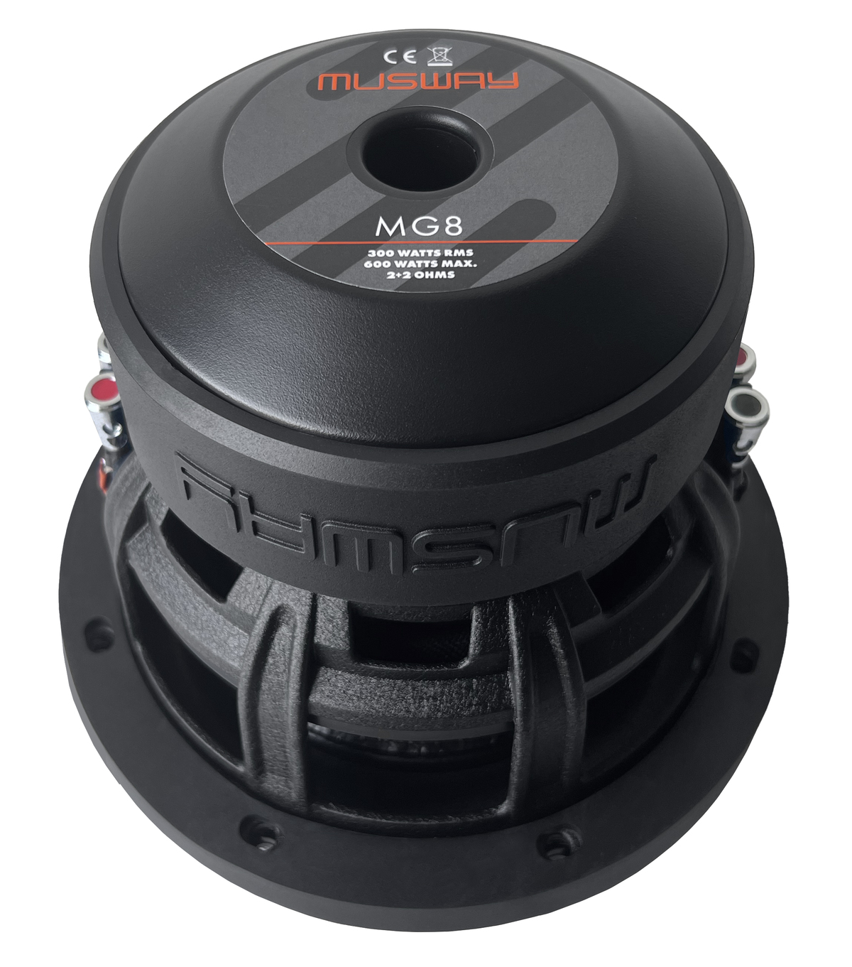 Schwarzer Subwoofer mit der Marke "MUSWAY" und technischen Daten.