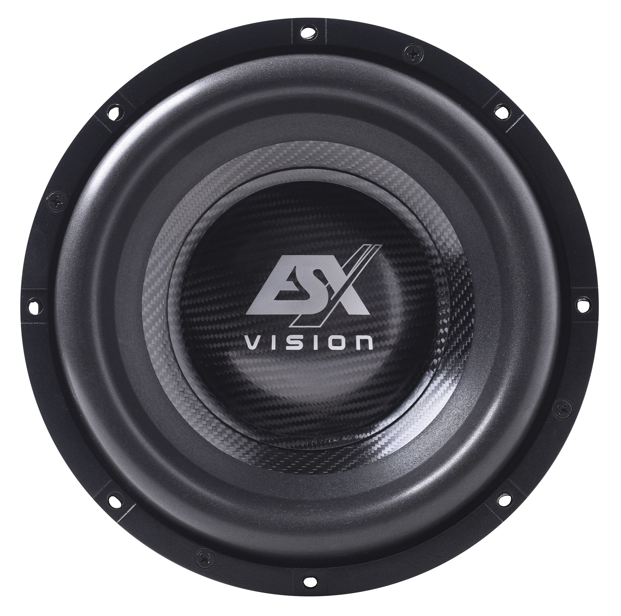 Schwarzer Subwoofer mit Carbonfaser-Mitte und dem Wort VISION, alles auf weißem Hintergrund.