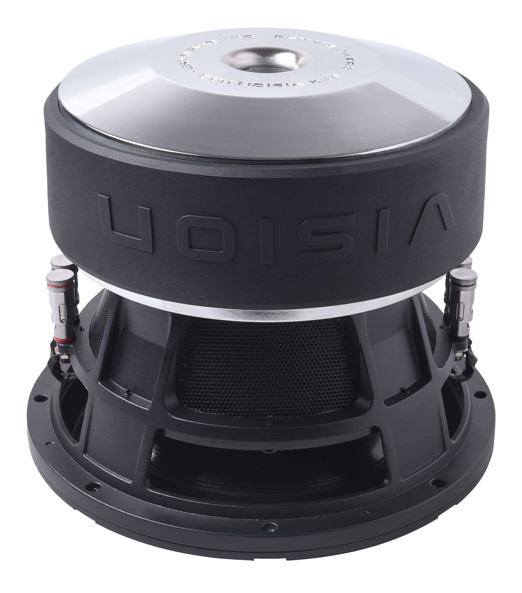 Großer Subwoofer, schwarz und silber. Der Markenname VISION ist sichtbar. Weißer Hintergrund.