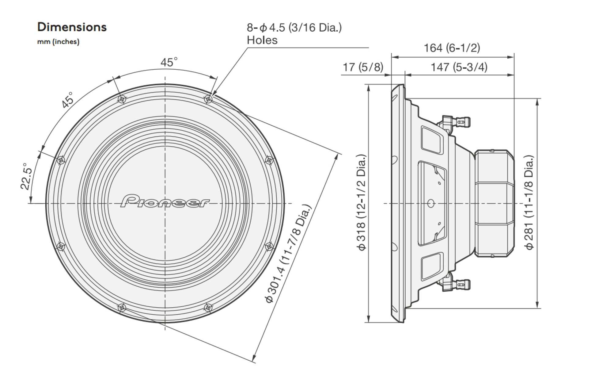 Diagramm der Abmessungen eines Lautsprechers. Seiten- und Vorderansicht mit Maßen in mm und Zoll.