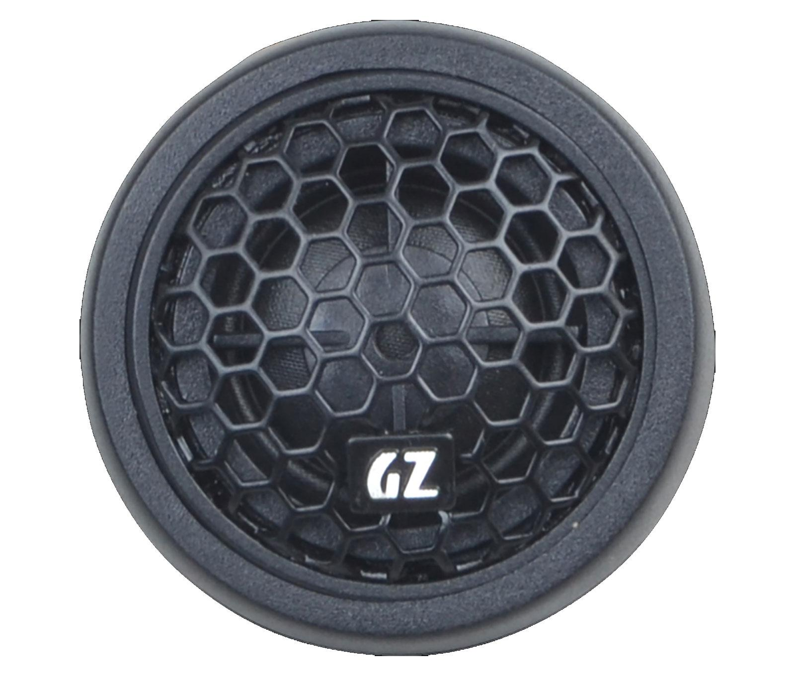 Eine schwarze Lautsprecherkomponente mit Wabenmuster und dem 'GZ'-Logo.