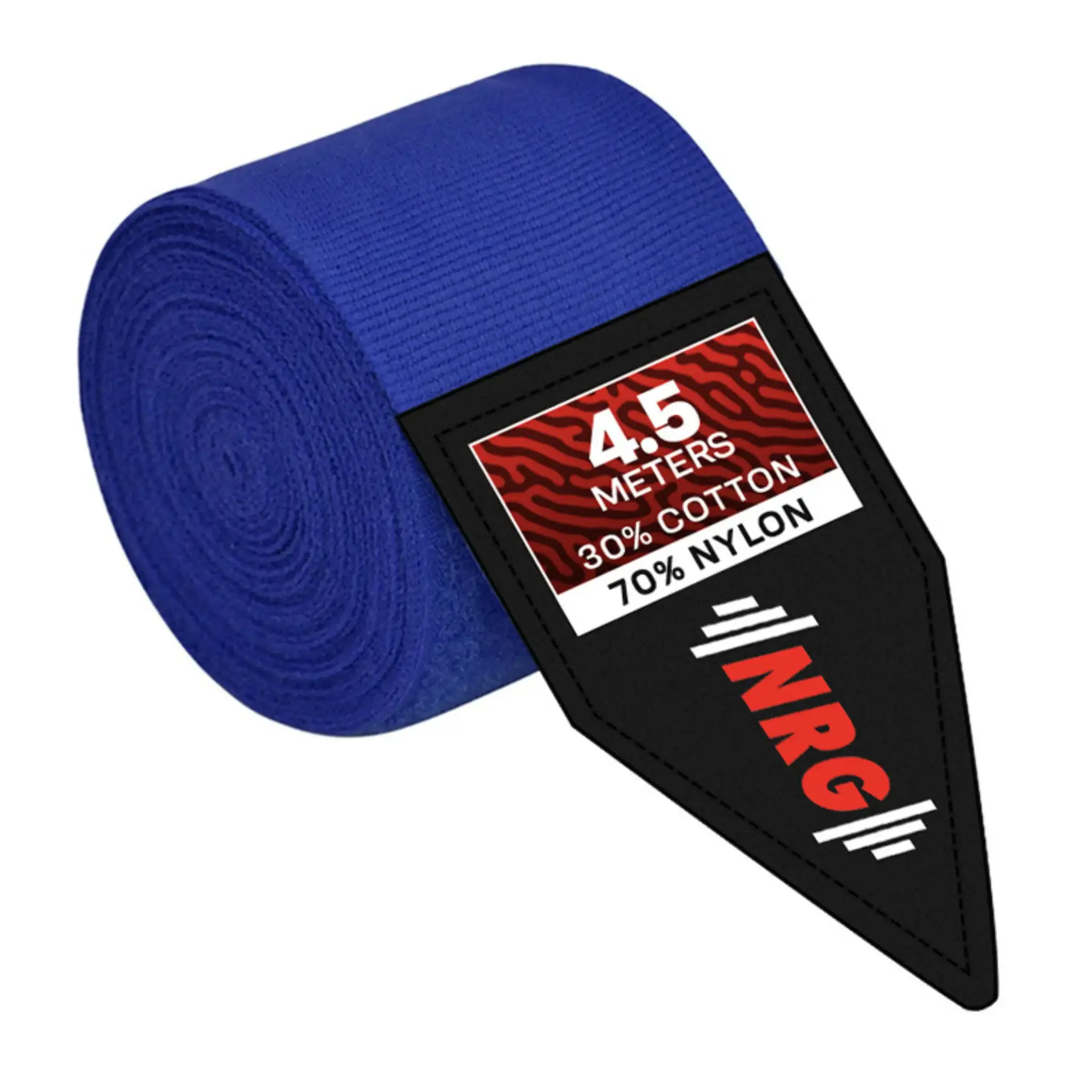 Rouleau d'enveloppes de mains de boxe bleu avec étiquette noire et texte rouge sur fond blanc.